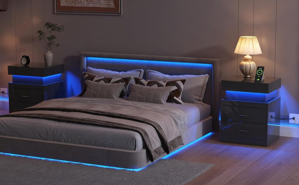 ChooChoo LED Nightstand with Charging Station, Smart Night Stand with Sliding Top Storage, 2-Drawers High Gloss Bedside Table, Modern End Table for Bedroom,White ChooChoo LED Nightstand with Charging Station, Smart Night Stand with Sliding Top Storage, 2-Drawers High Gloss Bedside Table, Modern End Table for Bedroom,White