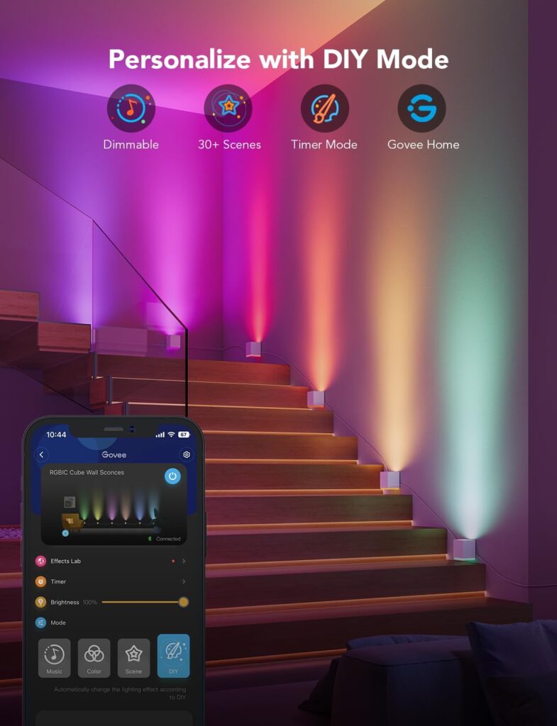Govee Cube Wall Sconces, RGBIC LED Wall Light Works with Alexa, WiFi Smart Lights for Room Decor, Color Changing Indoor Light Fixture for Bedroom Dining Room, Music Sync, Adjustable Cables, 15ft Govee Cube Wall Sconces, RGBIC LED Wall Light Works with Alexa, WiFi Smart Lights for Room Decor, Color Changing Indoor Light Fixture for Bedroom Dining Room, Music Sync, Adjustable Cables, 15ft