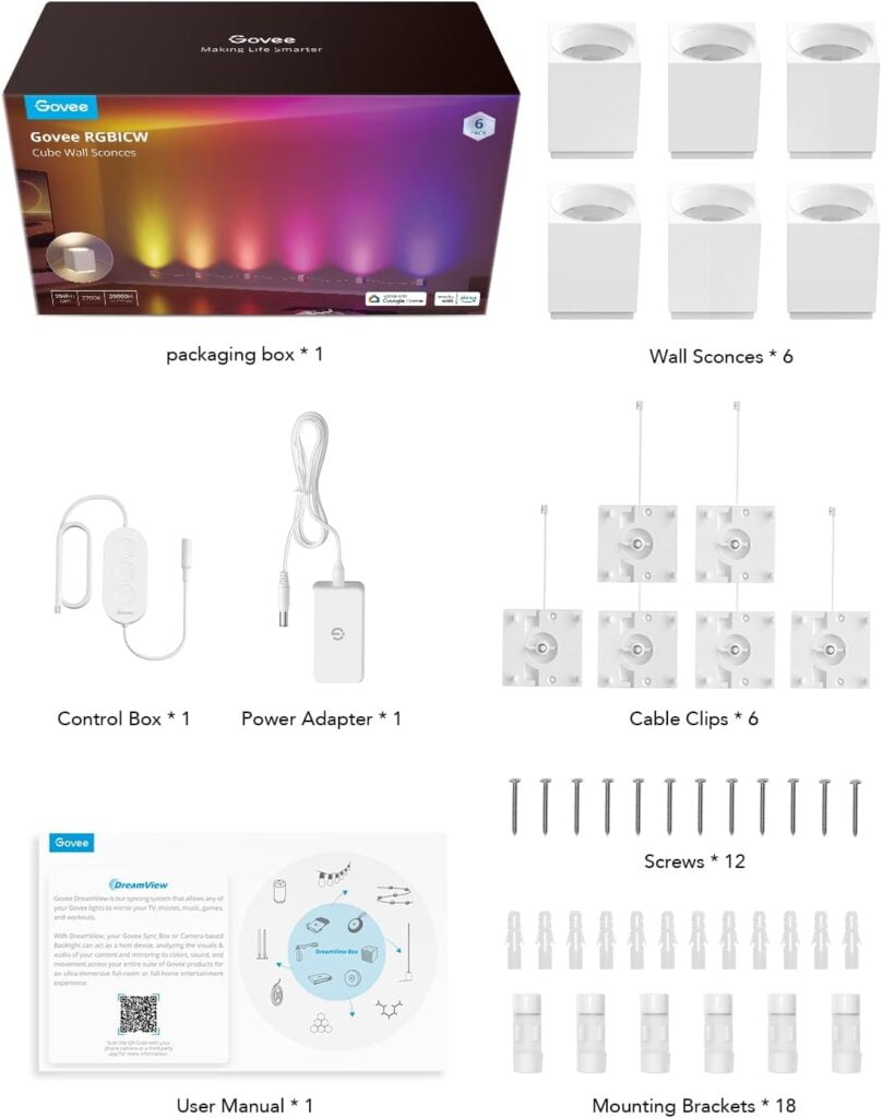 Govee Cube Wall Sconces, RGBIC LED Wall Light Works with Alexa, WiFi Smart Lights for Room Decor, Color Changing Indoor Light Fixture for Bedroom Dining Room, Music Sync, Adjustable Cables, 15ft Govee Cube Wall Sconces, RGBIC LED Wall Light Works with Alexa, WiFi Smart Lights for Room Decor, Color Changing Indoor Light Fixture for Bedroom Dining Room, Music Sync, Adjustable Cables, 15ft