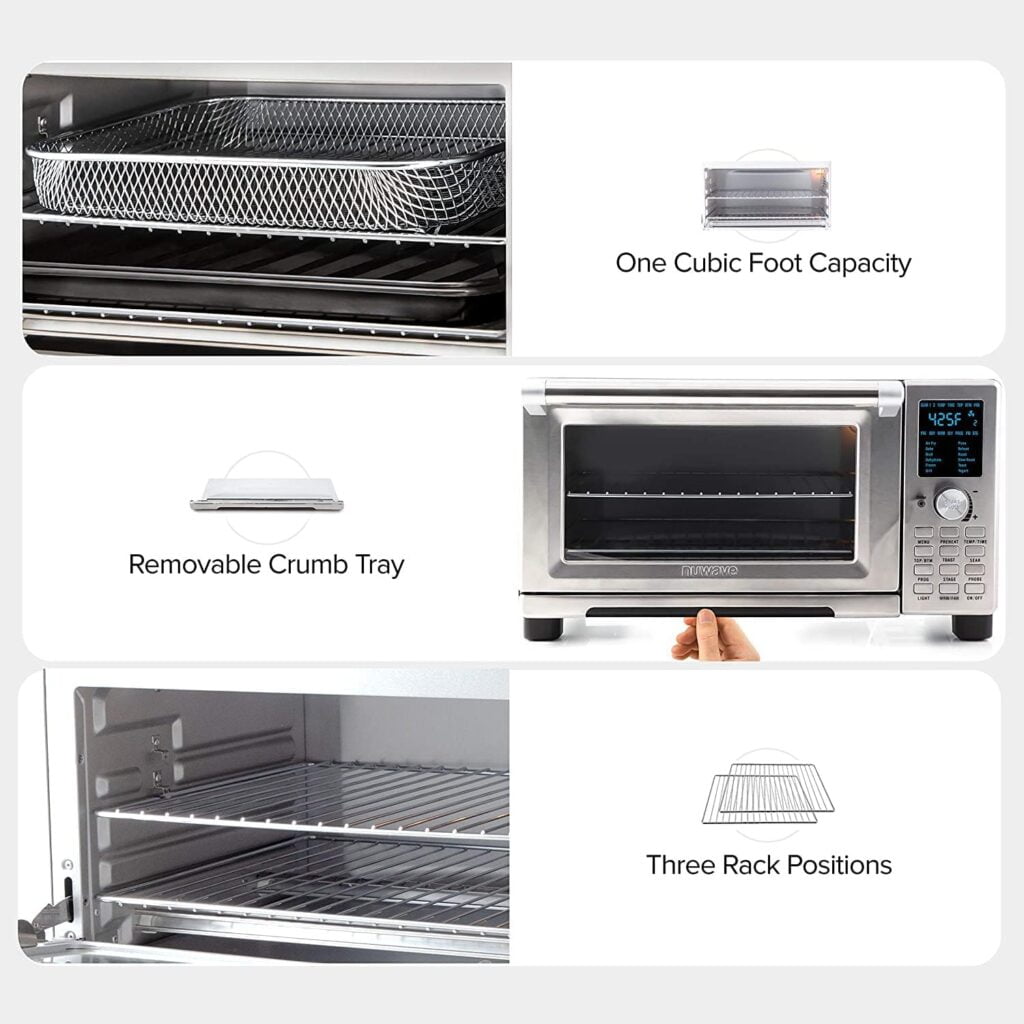 Nuwave Bravo Air Fryer Toaster Smart Oven, 12-in-1 Countertop Convection, 30-QT XL Capacity, 50°-500°F Temperature Controls, Top and Bottom Heater Adjustments 0%-100%, Brushed Stainless Steel Look