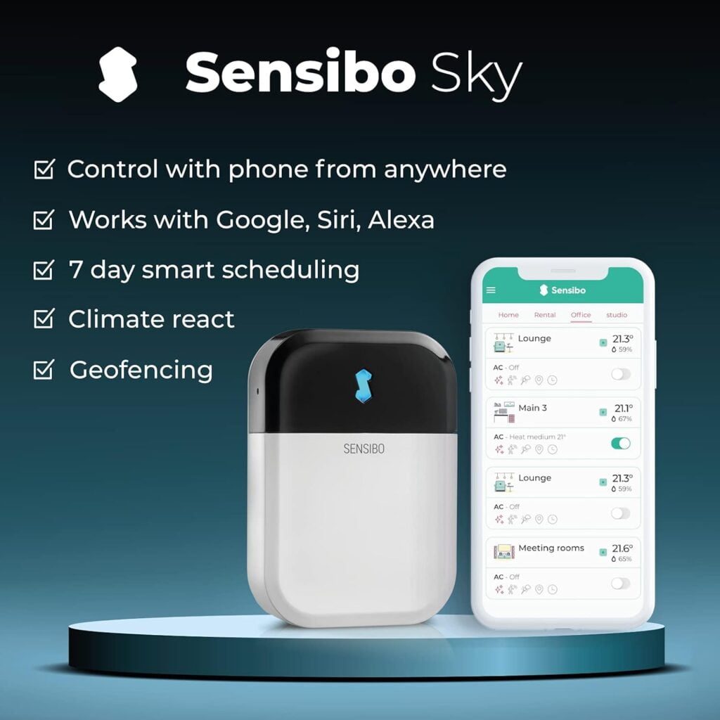 Sensibo Sky, Smart Wireless Air Conditioner Controller. Quick Easy DIY Installation. Maintains Comfort with Energy Efficient. Automatic Wifi Thermostat Control App. Google, Alexa and Siri Compatible Sensibo Sky, Smart Wireless Air Conditioner Controller. Quick Easy DIY Installation. Maintains Comfort with Energy Efficient. Automatic Wifi Thermostat Control App. Google, Alexa and Siri Compatible