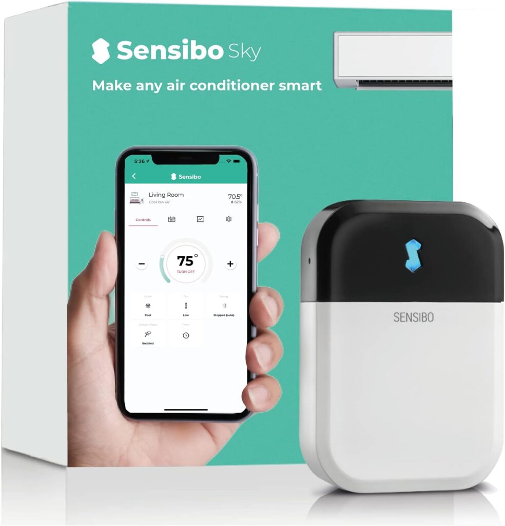 Sensibo Sky, Smart Wireless Air Conditioner Controller. Quick Easy DIY Installation. Maintains Comfort with Energy Efficient. Automatic Wifi Thermostat Control App. Google, Alexa and Siri Compatible Sensibo Sky, Smart Wireless Air Conditioner Controller. Quick Easy DIY Installation. Maintains Comfort with Energy Efficient. Automatic Wifi Thermostat Control App. Google, Alexa and Siri Compatible