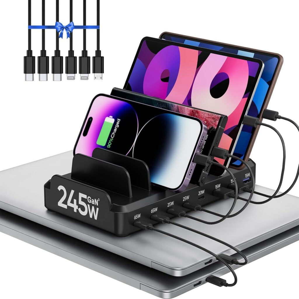 245W USB C Charging Station for Multiple Devices, 8 Port Multi Charger Station for MacBook iPhone 15 Phone iPad Tablets Black (6 Mixed Short Cables Included)