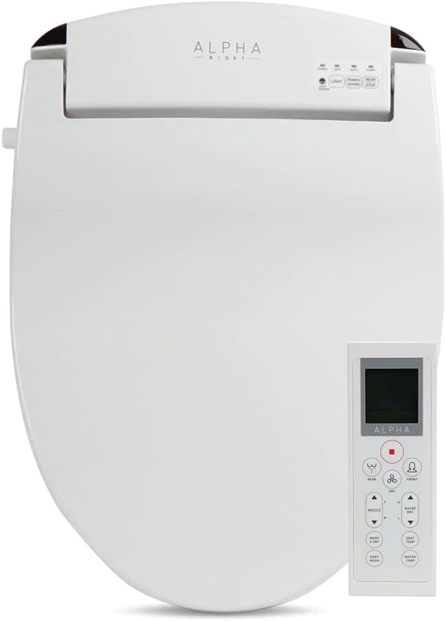 ALPHA BIDET JX Elongated Bidet Toilet Seat, White, Endless Warm Water, Rear and Front Wash, LED Light, Quiet Operation, Wireless Remote, Low Profile Sittable Lid, 3 Year Warranty (Elongated) ALPHA BIDET JX Elongated Bidet Toilet Seat, White, Endless Warm Water, Rear and Front Wash, LED Light, Quiet Operation, Wireless Remote, Low Profile Sittable Lid, 3 Year Warranty (Elongated)