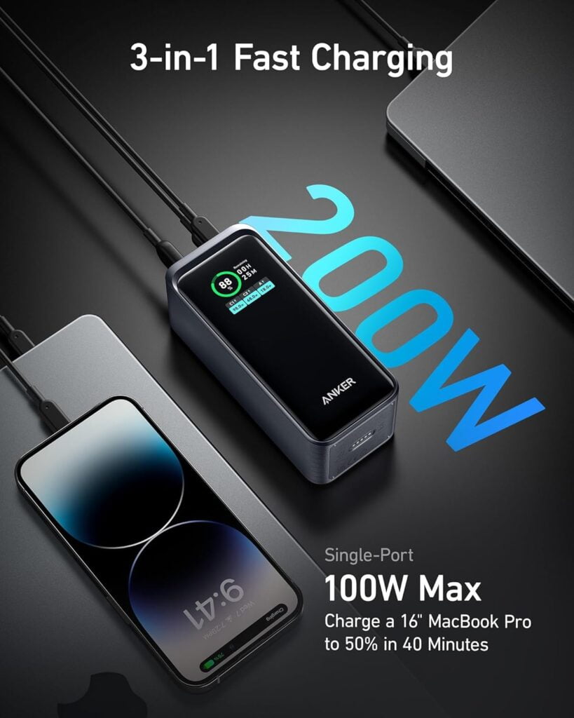 Anker Prime Power Bank 200W, 20K Portable Charger 3-Port with 100W Charging Base, Smart Digital Display, Compatible with iPhone 15/15 Plus/15 Pro/15 Pro Max/14 Series, MacBook, Samsung, Dell, and More Anker Prime Power Bank 200W, 20K Portable Charger 3-Port with 100W Charging Base, Smart Digital Display, Compatible with iPhone 15/15 Plus/15 Pro/15 Pro Max/14 Series, MacBook, Samsung, Dell, and More