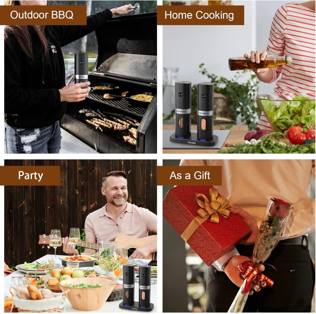 CAISIMIKI Electric Salt and Pepper Grinder Set- Stainless Steel, Dual Charging Base, Rechargeable Kitchen Gadgets, LED Lights, Adjustable Coarseness Automatic Mill, One Hand Operation, 2 Pack