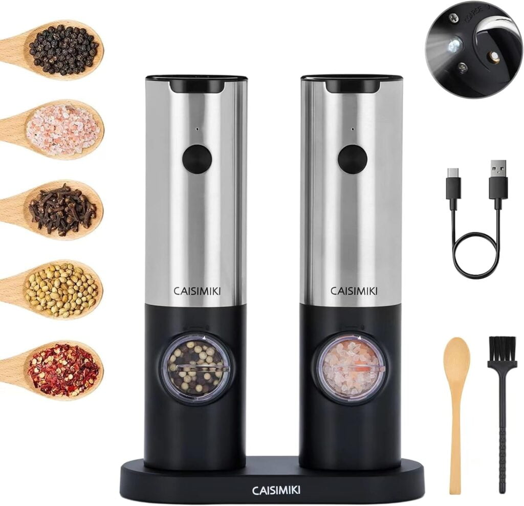 CAISIMIKI Electric Salt and Pepper Grinder Set- Stainless Steel, Dual Charging Base, Rechargeable Kitchen Gadgets, LED Lights, Adjustable Coarseness Automatic Mill, One Hand Operation, 2 Pack
