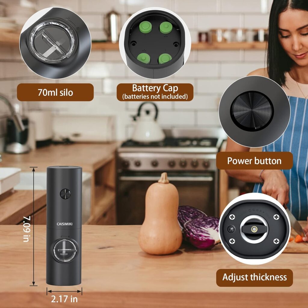 CAISIMIKI Electric Salt and Pepper Grinder Set- Stainless Steel, Dual Charging Base, Rechargeable Kitchen Gadgets, LED Lights, Adjustable Coarseness Automatic Mill, One Hand Operation, 2 Pack
