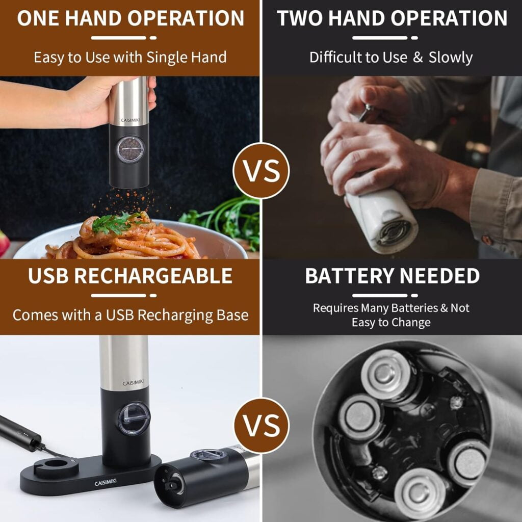 CAISIMIKI Electric Salt and Pepper Grinder Set- Stainless Steel, Dual Charging Base, Rechargeable Kitchen Gadgets, LED Lights, Adjustable Coarseness Automatic Mill, One Hand Operation, 2 Pack