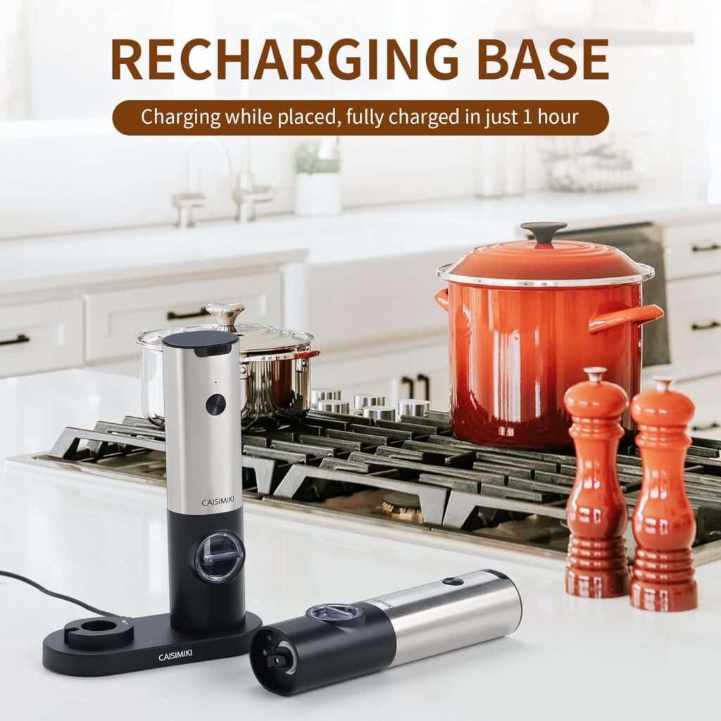 CAISIMIKI Electric Salt and Pepper Grinder Set- Stainless Steel, Dual Charging Base, Rechargeable Kitchen Gadgets, LED Lights, Adjustable Coarseness Automatic Mill, One Hand Operation, 2 Pack