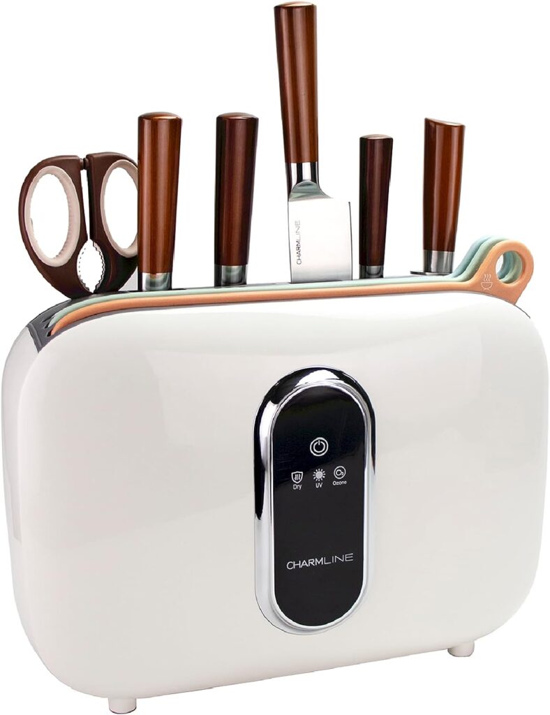 Charmline Smart Cutting Board and Knife Set with Holder, 3 Color Coded Chopping Boards, 4 Knives, Scissors and Knife Sharpeners, Drying Holder Organizer for Kitchen, Smart Home Gadgets, Yellow