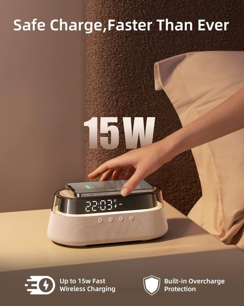 EZVALO 6 in 1 Digital Alarm Clock,Bedside Clock Radio with Fast Wireless Charging 15W, Bluetooth Speaker,Dual Alarm for Heavy Sleepers,FM Radio,12/24HSnooze,USB Charger,Countdown Timer,RGB Mode