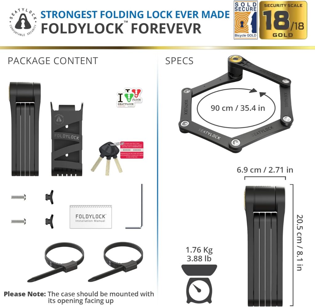 FoldyLock Forever Folding Bike Lock - Patented Sleek High Security Sold Secure Gold Bicycle Lock - Heavy Duty Anti Theft Smart Guard with Keys and Frame Mount for Electric and City Bikes - 90cm