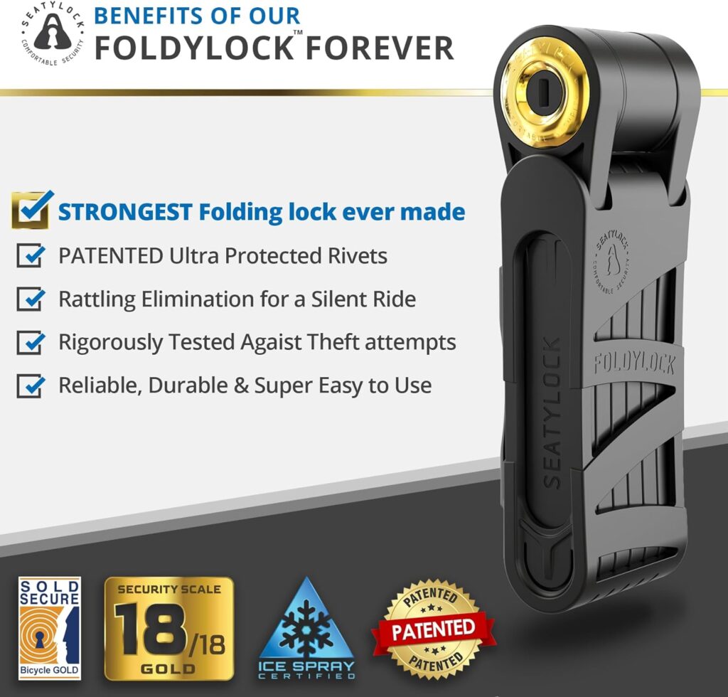 FoldyLock Forever Folding Bike Lock - Patented Sleek High Security Sold Secure Gold Bicycle Lock - Heavy Duty Anti Theft Smart Guard with Keys and Frame Mount for Electric and City Bikes - 90cm