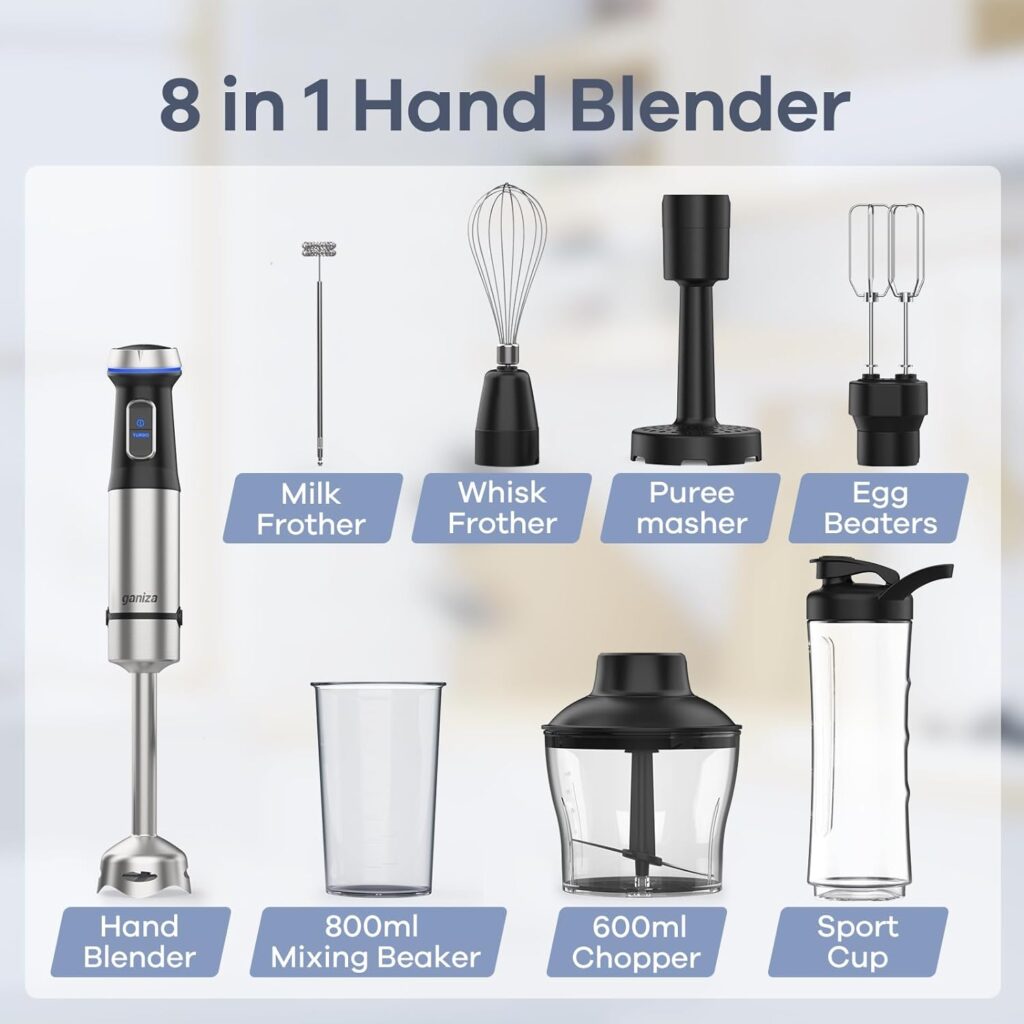 Ganiza Immersion Blender 8 in 1 Hand Blender 800W Heavy Duty Motor, 15 Speed and Turbo Mode Handheld Blender Stainless Steel Sitck Blender Includes 8 Total Pieces