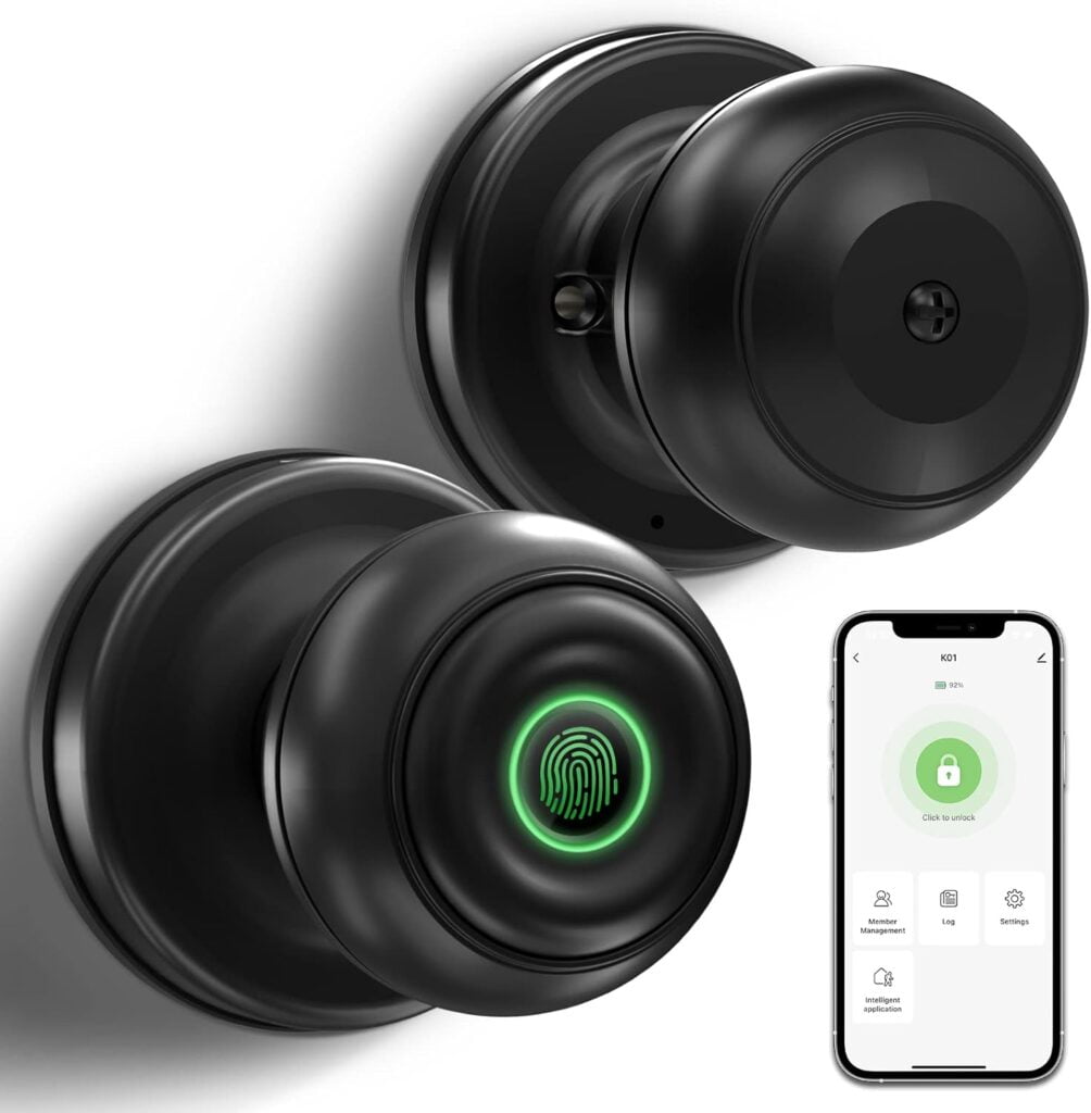 GeekTale Smart Door knob, Fingerprint Door Lock Smart Lock Biometric Door Lock Fingerprint Door knob with App Control, Great for Bedrooms,Cloakroom,Apartments Offices,Hotels Matte Black
