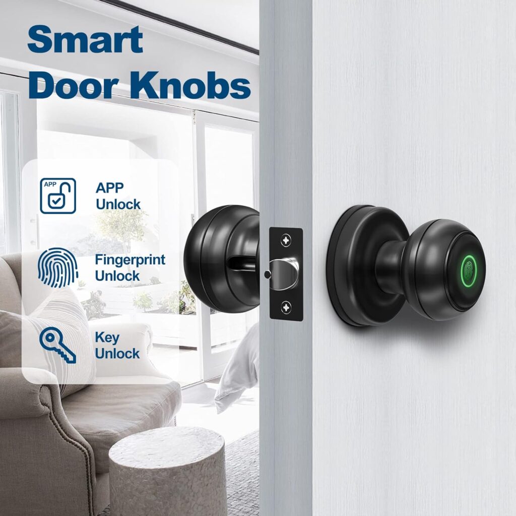 GeekTale Smart Door knob, Fingerprint Door Lock Smart Lock Biometric Door Lock Fingerprint Door knob with App Control, Great for Bedrooms,Cloakroom,Apartments Offices,Hotels Matte Black