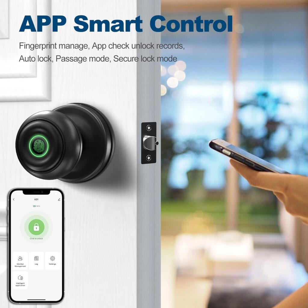 GeekTale Smart Door knob, Fingerprint Door Lock Smart Lock Biometric Door Lock Fingerprint Door knob with App Control, Great for Bedrooms,Cloakroom,Apartments Offices,Hotels Matte Black