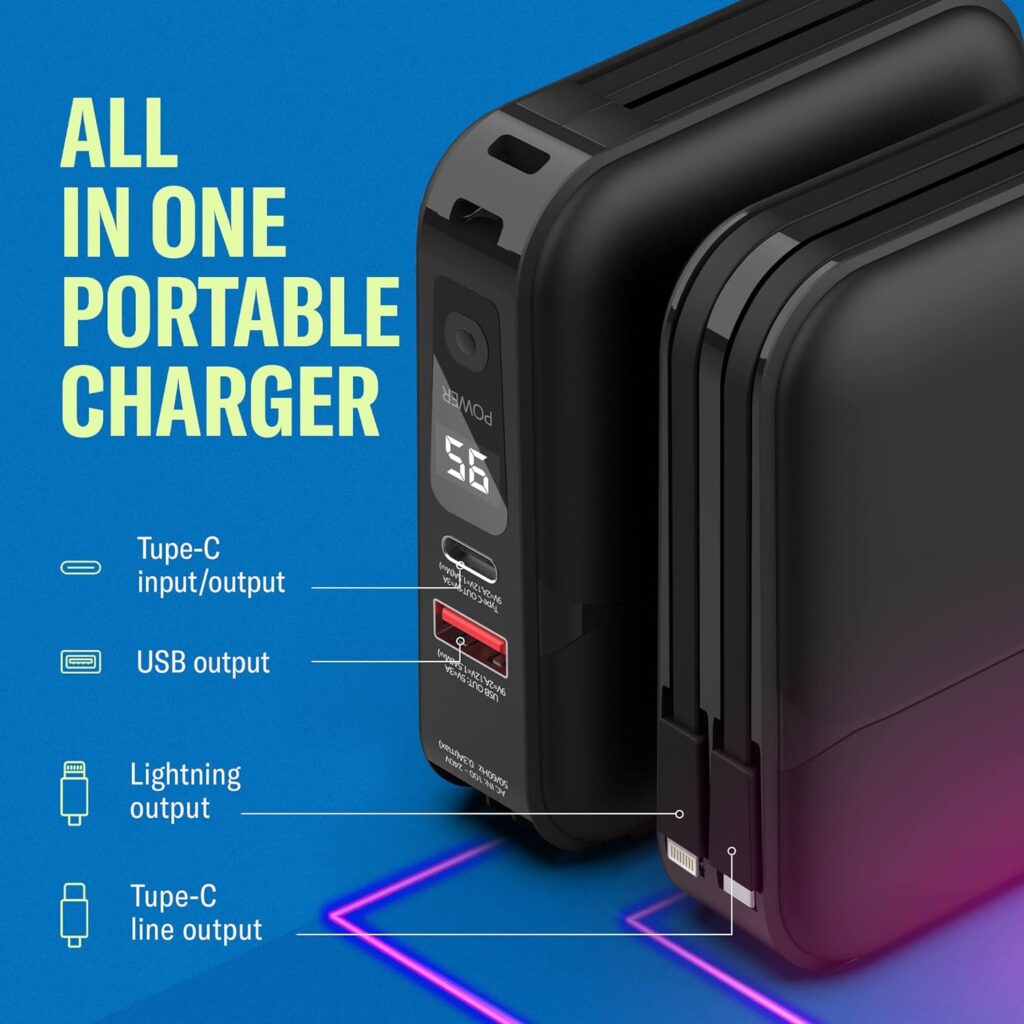 LazyBank Fastest Rapid Mini Portable Charger with AC Plug-In Power Bank 15000mAh RedDot Design Award Smart Fast Charging, Built-in Type-C Lighting USB Cables 4 Output 2 Input External Battery Pack LazyBank Fastest Rapid Mini Portable Charger with AC Plug-In Power Bank 15000mAh RedDot Design Award Smart Fast Charging, Built-in Type-C Lighting USB Cables 4 Output 2 Input External Battery Pack