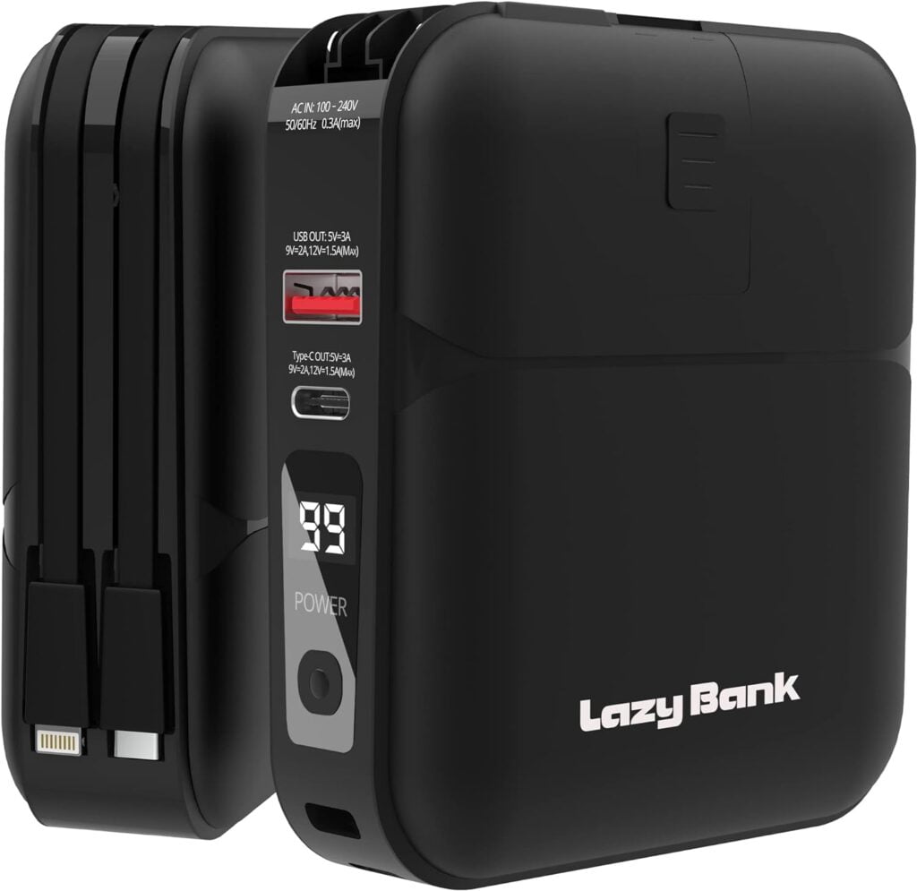 LazyBank Fastest Rapid Mini Portable Charger with AC Plug-In Power Bank 15000mAh RedDot Design Award Smart Fast Charging, Built-in Type-C Lighting USB Cables 4 Output 2 Input External Battery Pack LazyBank Fastest Rapid Mini Portable Charger with AC Plug-In Power Bank 15000mAh RedDot Design Award Smart Fast Charging, Built-in Type-C Lighting USB Cables 4 Output 2 Input External Battery Pack
