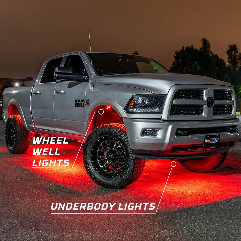 LEDGlow 6pc Multi-Color Slimline LED Truck Underbody Underglow Accent Neon Lighting Kit  4pc Wheel Well Fender Lights - 10 Solid Colors - 13 Unique Patterns - Includes Control Box  Remote