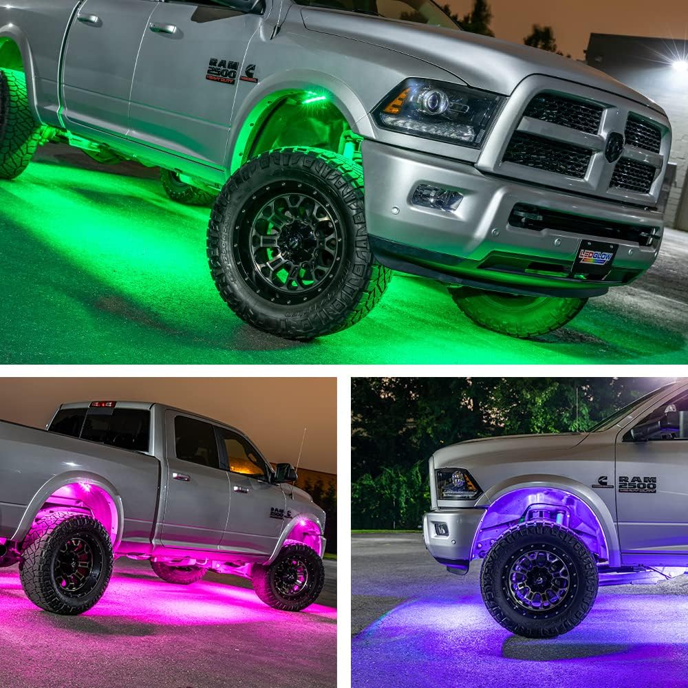 LEDGlow 6pc Multi-Color Slimline LED Truck Underbody Underglow Accent Neon Lighting Kit  4pc Wheel Well Fender Lights - 10 Solid Colors - 13 Unique Patterns - Includes Control Box  Remote