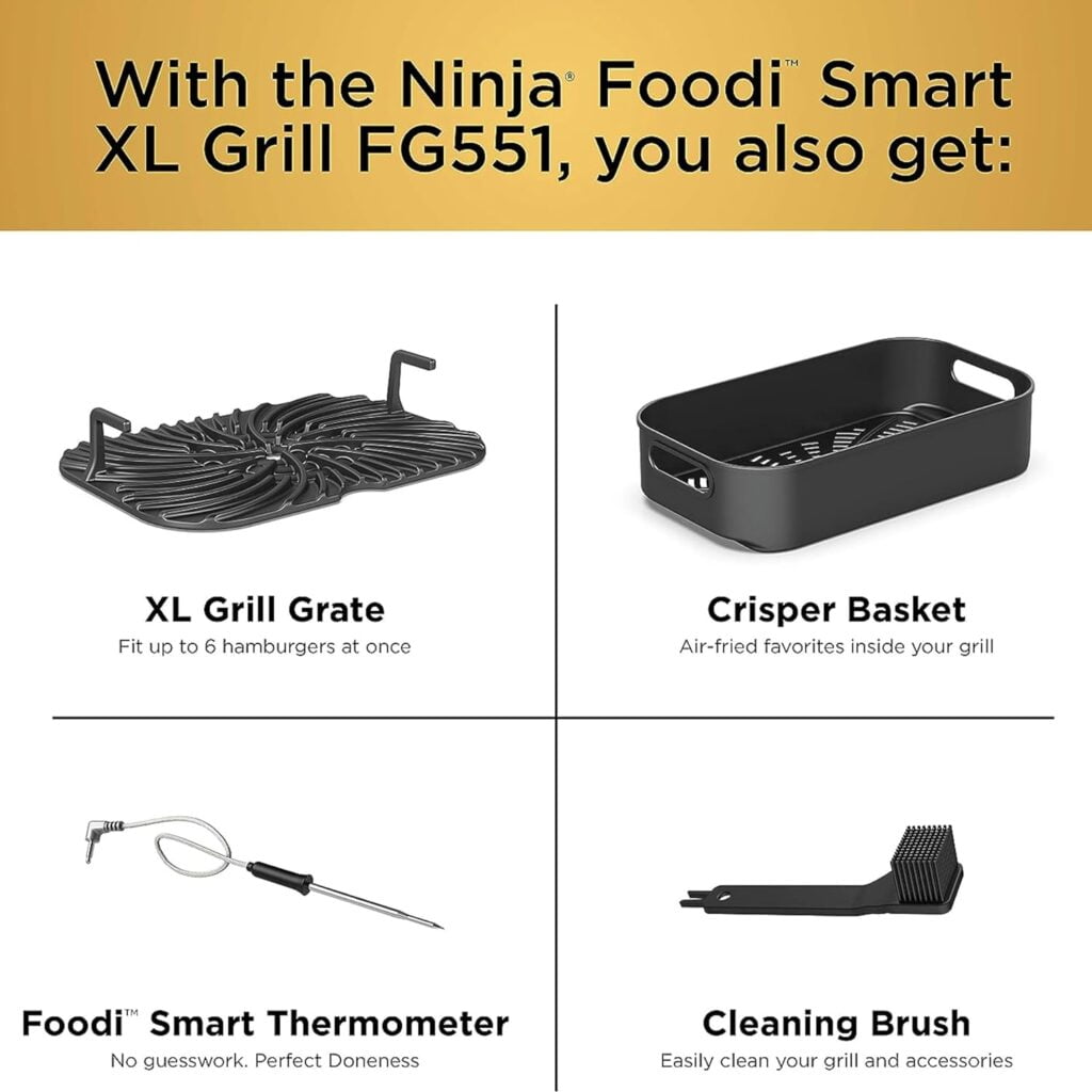Ninja FG551 Foodi Smart XL 6-in-1 Indoor Grill with Air Fry, Roast, Bake, Broil  Dehydrate, Smart Thermometer, Black/Silver