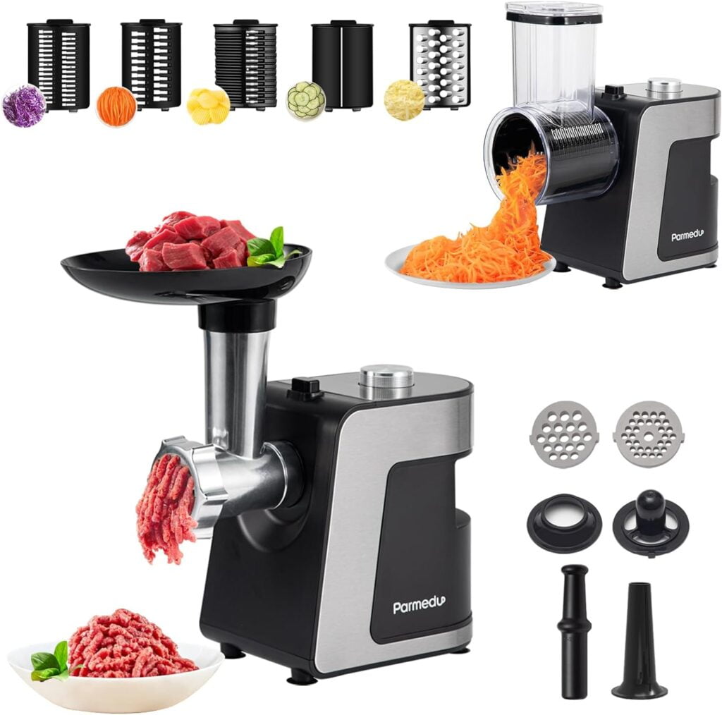 Parmedu Electric Cheese Grater Meat Grinder: Electric Vegetable Cutter Electric Slicer Shredder Salad Maker - Professional Meat Mincer with 2 Plates, Sausage Maker Kibbe Kit(Total 12 Attachments) Parmedu Electric Cheese Grater Meat Grinder: Electric Vegetable Cutter Electric Slicer Shredder Salad Maker - Professional Meat Mincer with 2 Plates, Sausage Maker Kibbe Kit(Total 12 Attachments)