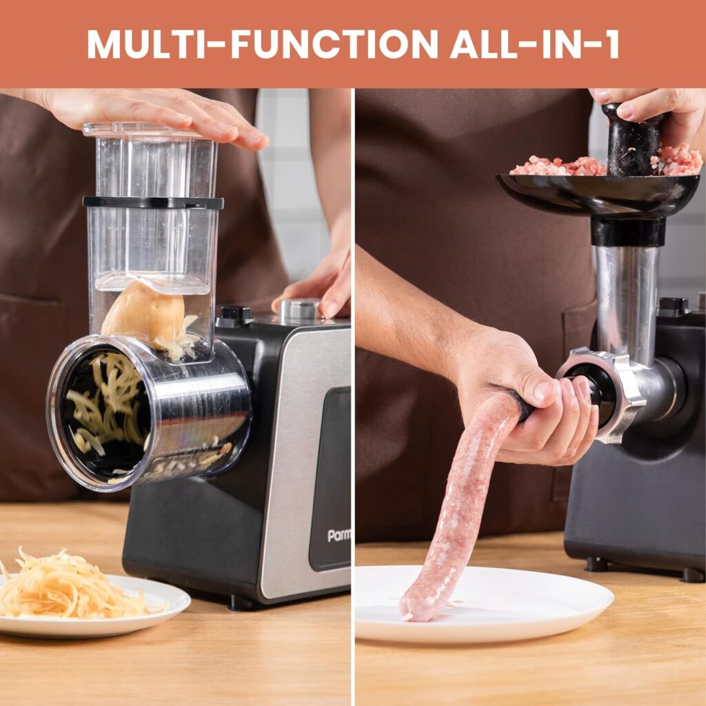 Parmedu Electric Cheese Grater Meat Grinder: Electric Vegetable Cutter Electric Slicer Shredder Salad Maker - Professional Meat Mincer with 2 Plates, Sausage Maker Kibbe Kit(Total 12 Attachments) Parmedu Electric Cheese Grater Meat Grinder: Electric Vegetable Cutter Electric Slicer Shredder Salad Maker - Professional Meat Mincer with 2 Plates, Sausage Maker Kibbe Kit(Total 12 Attachments)
