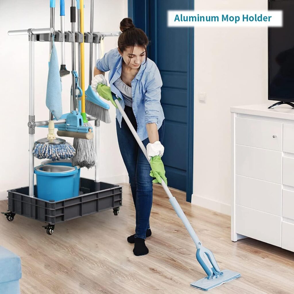QTJH Broom And Mop Holder Put Wet Movable Floor-Mounted Mop Rack Floor Standing Cleaning Tool Cart Storage For Garden Garage Schools, Hospitals, Factories, Hotels,Property Companies QTJH Broom And Mop Holder Put Wet Movable Floor-Mounted Mop Rack Floor Standing Cleaning Tool Cart Storage For Garden Garage Schools, Hospitals, Factories, Hotels,Property Companies