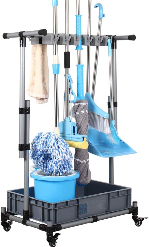 QTJH Broom And Mop Holder Put Wet Movable Floor-Mounted Mop Rack Floor Standing Cleaning Tool Cart Storage For Garden Garage Schools, Hospitals, Factories, Hotels,Property Companies QTJH Broom And Mop Holder Put Wet Movable Floor-Mounted Mop Rack Floor Standing Cleaning Tool Cart Storage For Garden Garage Schools, Hospitals, Factories, Hotels,Property Companies