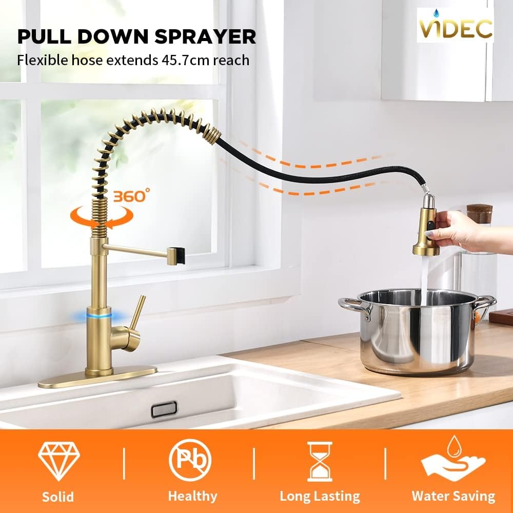 VIDEC Smart Kitchen Faucet, 3 Modes Pull Down Sprayer, LED Temperature Control, Ceramic Valve, 360-Degree Rotation, 1 or 3 Hole Deck Plate. (KW-05RK, Matt Black, 21.40 Inches) VIDEC Smart Kitchen Faucet, 3 Modes Pull Down Sprayer, LED Temperature Control, Ceramic Valve, 360-Degree Rotation, 1 or 3 Hole Deck Plate. (KW-05RK, Matt Black, 21.40 Inches)