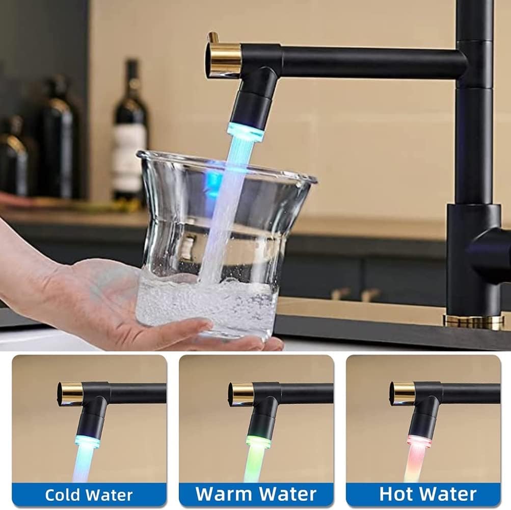 VIDEC Smart Kitchen Faucet, 3 Modes Pull Down Sprayer, LED Temperature Control, Ceramic Valve, 360-Degree Rotation, 1 or 3 Hole Deck Plate. (KW-05RK, Matt Black, 21.40 Inches) videc smart kitchen faucet 3 modes pull down sprayer led temperature control ceramic valve 360 degree rotation 1 or 3 ho 2