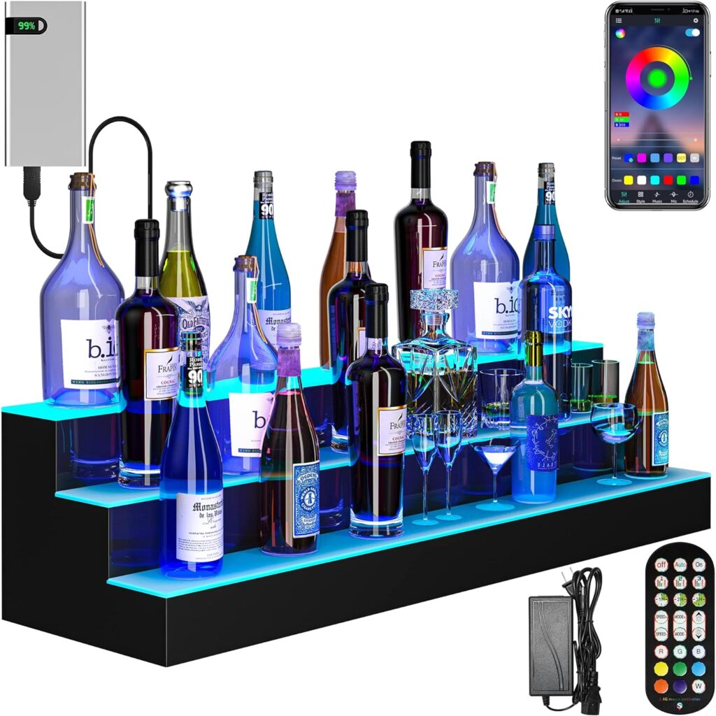 YITAHOME LED Lighted Liquor Bottle Display Shelf Supports USB  Power Bank, 3-Step 40-inch Bar Liquor Alcohol Shelf for Home Decoration Counter Party, Acrylic Whiskey Rack Stand with Remote  App Control