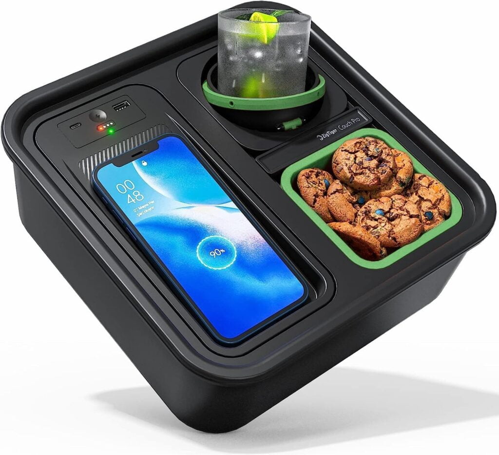 Zigtiger Cup Holder Tray with Wireless Power Bank, Sofa Caddy with Self Balancing Cup Holder  Snack Cup, Sofa Armrest Table Tray, Couch Storage Organizer for Living Room, Car, Game,USB A+C Port