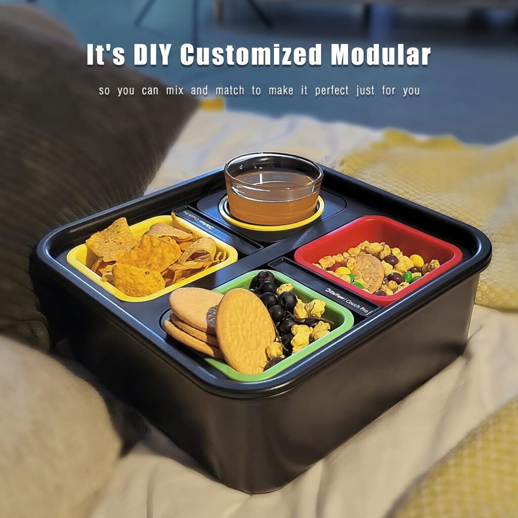 Zigtiger Cup Holder Tray with Wireless Power Bank, Sofa Caddy with Self Balancing Cup Holder  Snack Cup, Sofa Armrest Table Tray, Couch Storage Organizer for Living Room, Car, Game,USB A+C Port