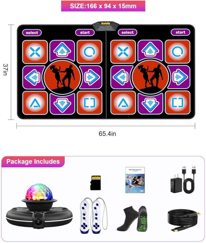 Acelufly Dance Mat, Flannel Dance Mat for TV with HD Camera, Wireless Double User Dance Mat with Game Controller, Non-Slip Dance Pad for Kids Adults, Christmas Birthday Gifts for Girls Boys