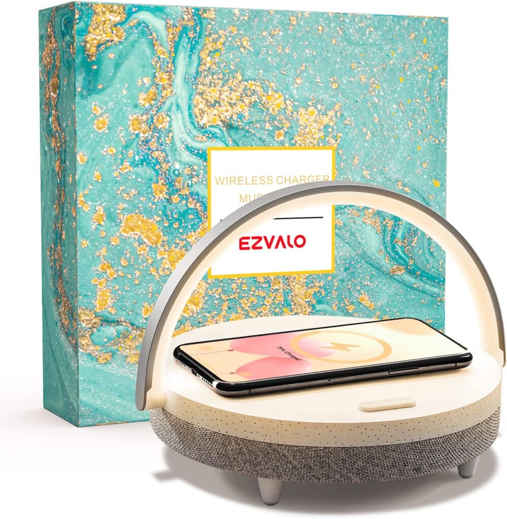 EZVALO LED Night Light, Music Bedside Lamp with Charger, 4 in 1 Touch Lamp, Portable Bluetooth Speaker, Phone Holder, Dimmable Wireless Charging Lamp Birthday Gifts for Women, Men, Dad, Mom EZVALO LED Night Light, Music Bedside Lamp with Charger, 4 in 1 Touch Lamp, Portable Bluetooth Speaker, Phone Holder, Dimmable Wireless Charging Lamp Birthday Gifts for Women, Men, Dad, Mom