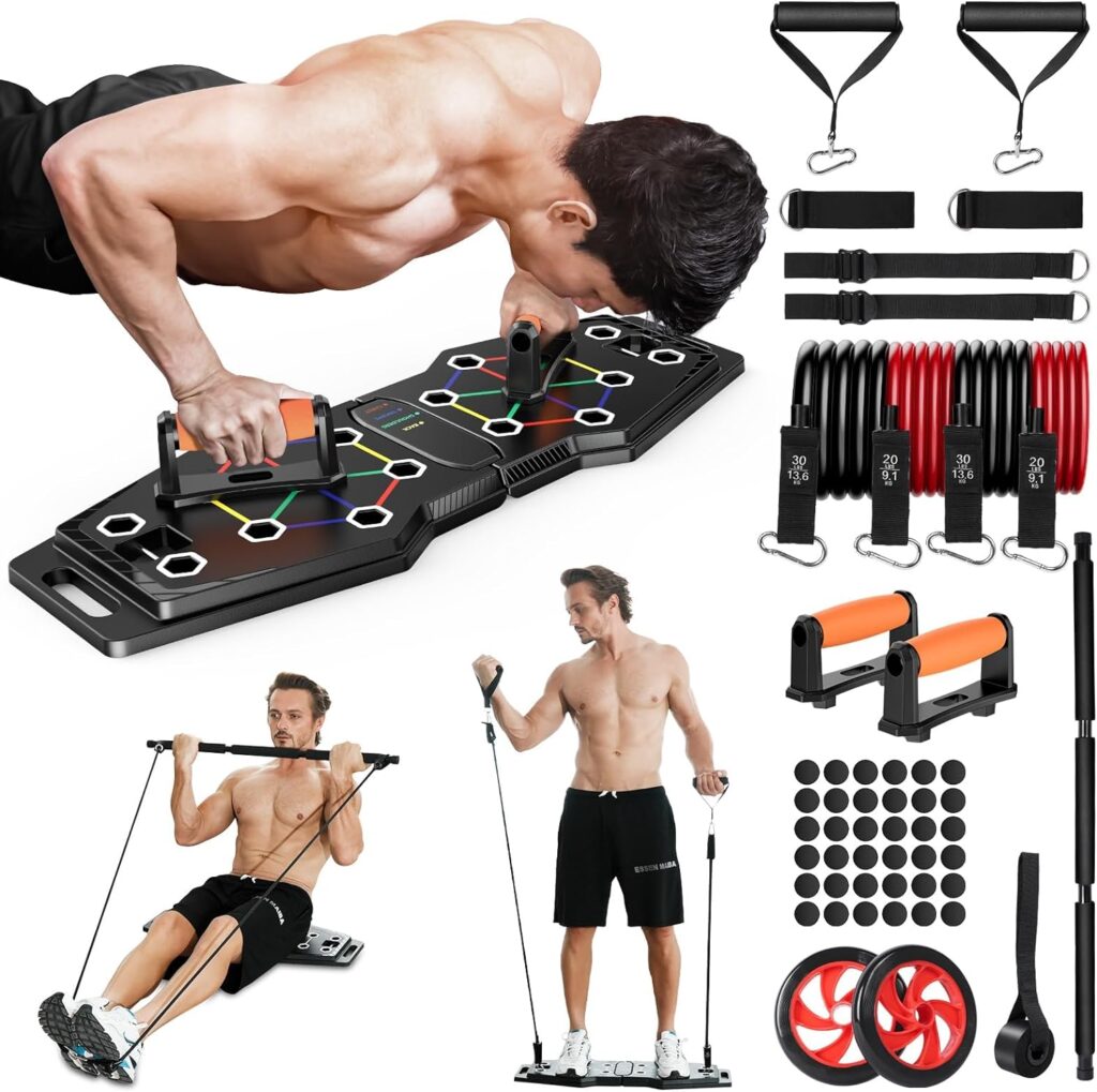 Foldable Push Up Board, 25-In-1 Multifunction Home Workout Equipment for Upper Body Strength Training, Portable Push Up Board with Color-Coded Variations and Accessories for Chest, Triceps, Back, Arms Foldable Push Up Board, 25-In-1 Multifunction Home Workout Equipment for Upper Body Strength Training, Portable Push Up Board with Color-Coded Variations and Accessories for Chest, Triceps, Back, Arms