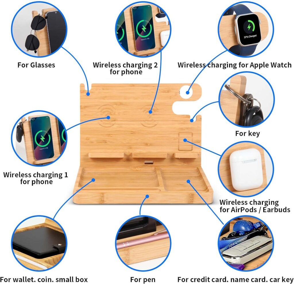Nightstand Charging Station, 27W Fast Charging Wireless Charger Stand for iPhone/iWatch/Airpod/Samsung, Bamboo Phone Docking Station for Multi Devices, Desk Nightstand Organizer Gifts for Men