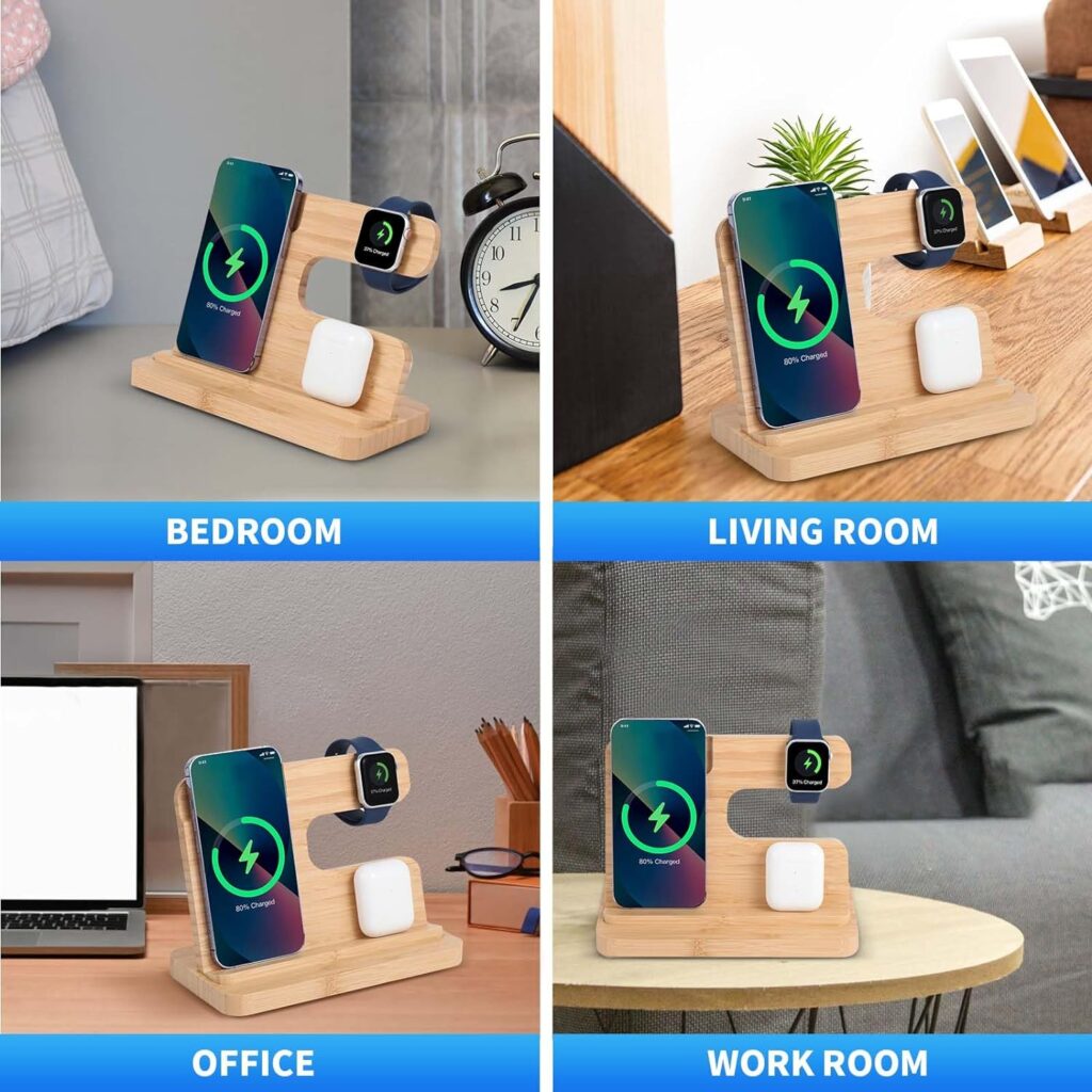 Nightstand Charging Station, 27W Fast Charging Wireless Charger Stand for iPhone/iWatch/Airpod/Samsung, Bamboo Phone Docking Station for Multi Devices, Desk Nightstand Organizer Gifts for Men