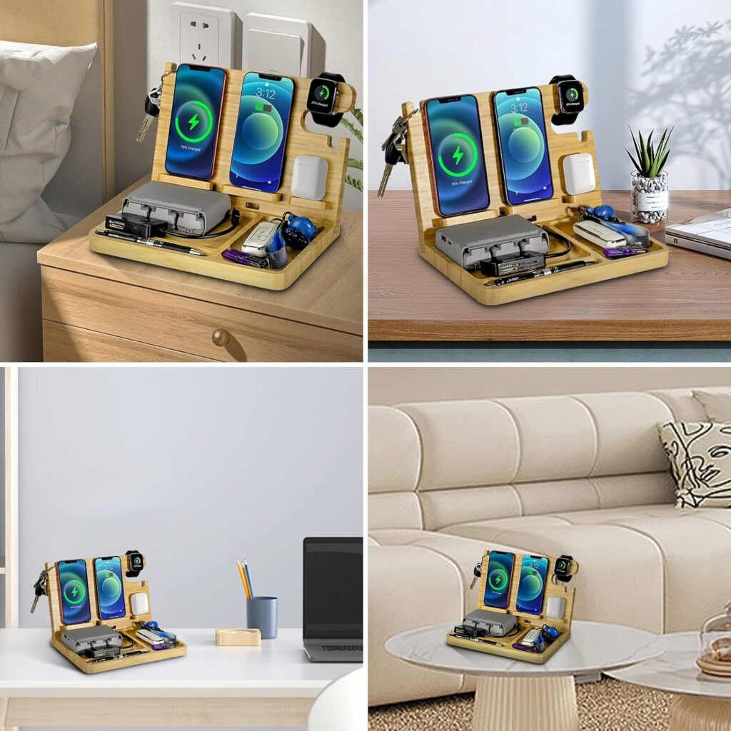 Nightstand Charging Station, 27W Fast Charging Wireless Charger Stand for iPhone/iWatch/Airpod/Samsung, Bamboo Phone Docking Station for Multi Devices, Desk Nightstand Organizer Gifts for Men