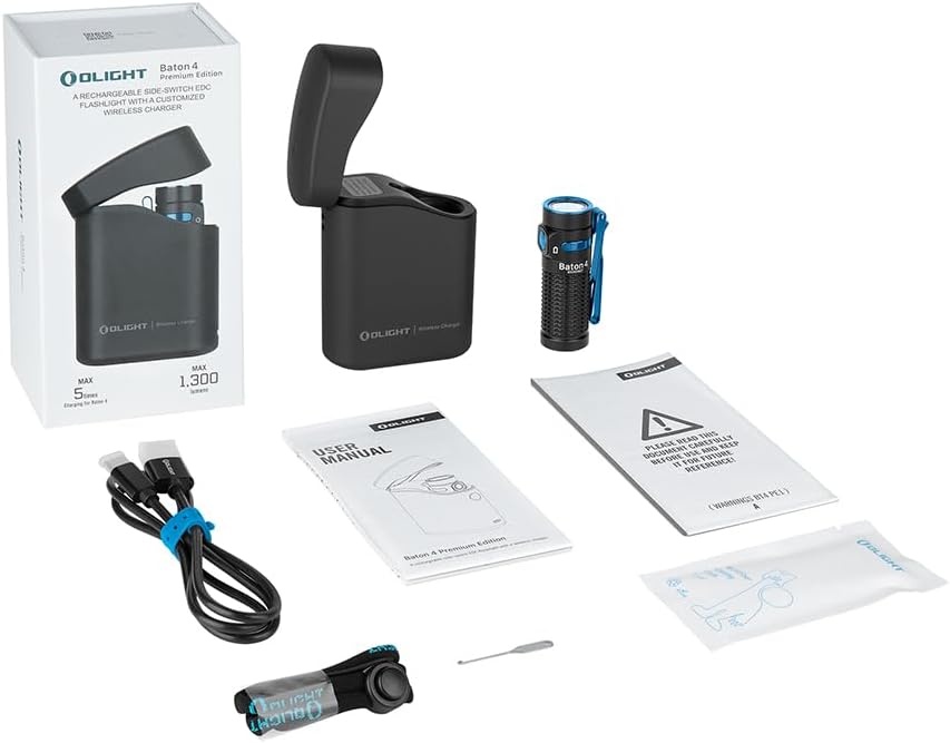 OLIGHT Baton4 Premium Edition EDC Flashlights 1300 Lumens with Type-C Charging Box, Powered by Rechargeable Battery, Small Bright Flashlight IPX8 Waterproof for Camping, Emergencies, Outdoors (Black)