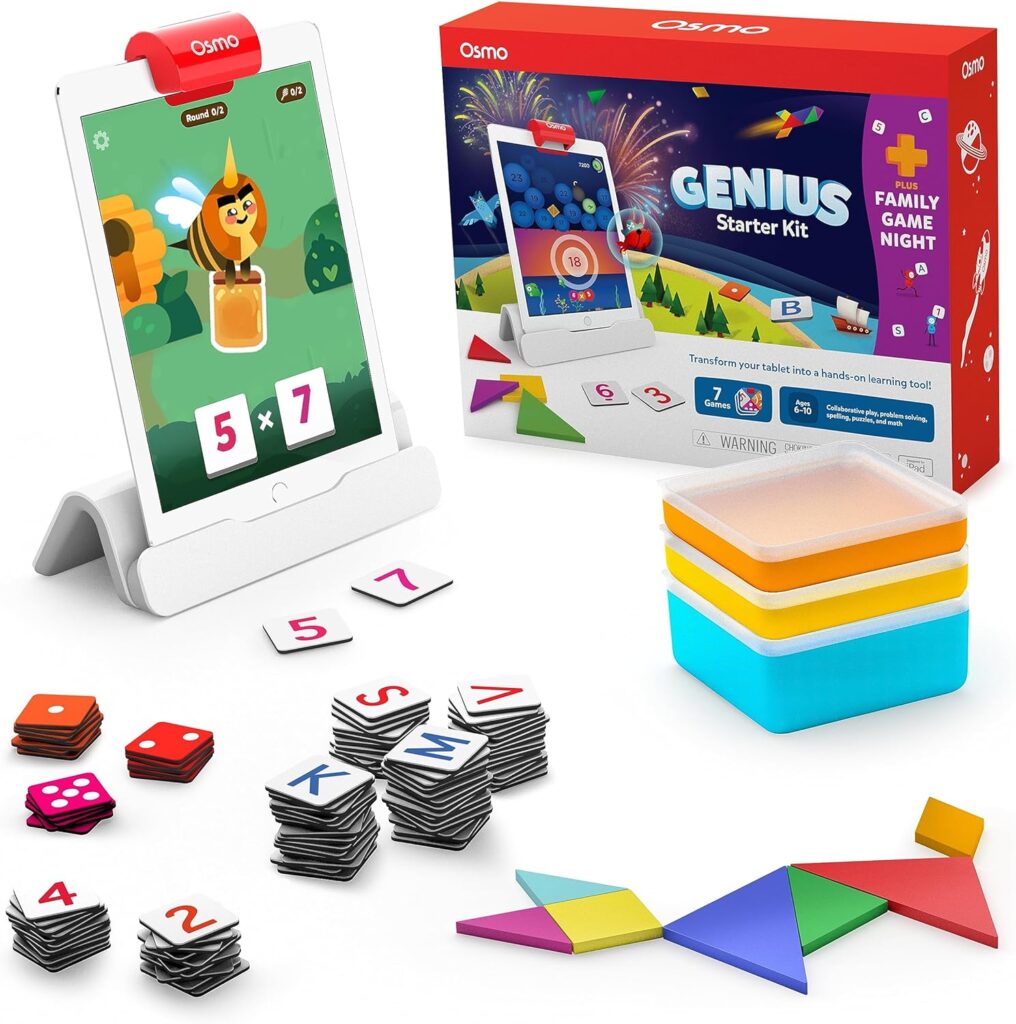 Osmo-Genius Starter Kit for iPad + Family Game Night-7 Educational Learning Games for Spelling  Math-Ages 6-10-STEM Toy Gifts for Kids-Boy Girl-6 7 8 9 10(Osmo iPad Base Included - Amazon Exclusive)