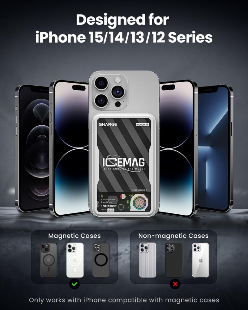sharge ICEMAG Magnetic Power Bank, Worlds First 10000mAh Battery Pack with Active Cooling for MagSafe, Transparent Portable Charger with 20W USB-C Input/Output for iPhone14/13/12 Pro/Pro Max/Mini sharge ICEMAG Magnetic Power Bank, Worlds First 10000mAh Battery Pack with Active Cooling for MagSafe, Transparent Portable Charger with 20W USB-C Input/Output for iPhone14/13/12 Pro/Pro Max/Mini