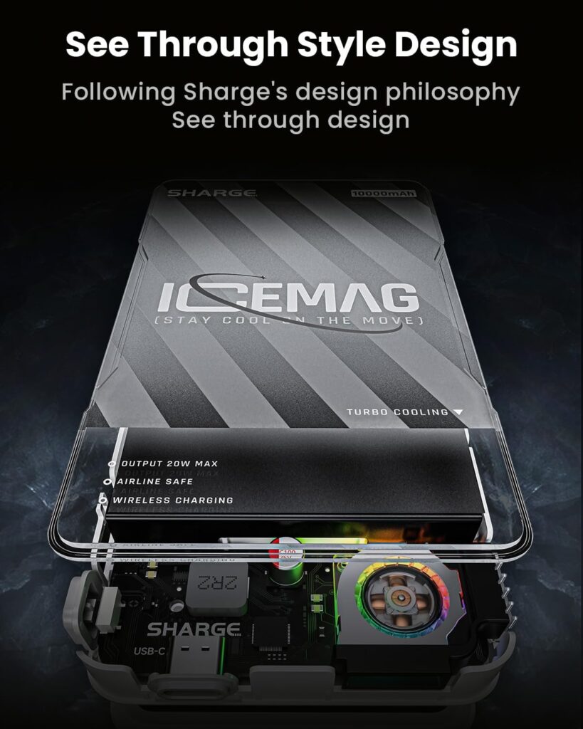 sharge ICEMAG Magnetic Power Bank, Worlds First 10000mAh Battery Pack with Active Cooling for MagSafe, Transparent Portable Charger with 20W USB-C Input/Output for iPhone14/13/12 Pro/Pro Max/Mini sharge ICEMAG Magnetic Power Bank, Worlds First 10000mAh Battery Pack with Active Cooling for MagSafe, Transparent Portable Charger with 20W USB-C Input/Output for iPhone14/13/12 Pro/Pro Max/Mini