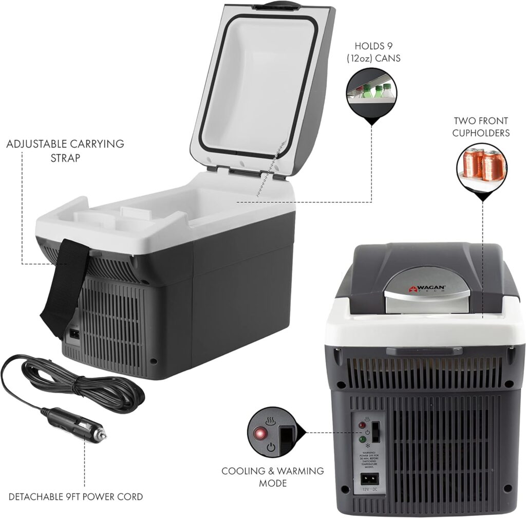 Wagan EL6206 12V 6 Quart Personal Thermoelectric, 6 Liter Capacity, Portable Electric Cooler Warmer with 12/24V DC, Small Fridge for Car, RV, and Camping Use, UL Listed