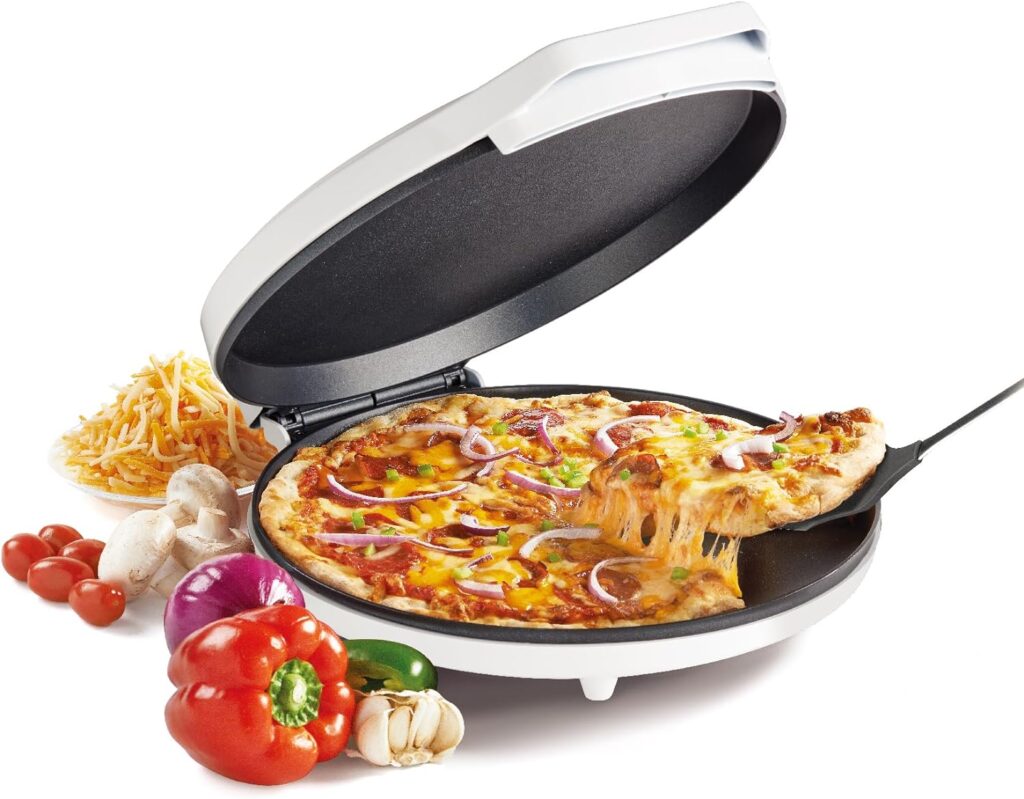Betty Crocker Pizza Maker Plus, 12 Indoor Electric Grill, Nonstick Griddle Pan for Pizzas, Quesadillas, Tortillas, Nachos and more, 12 Electric Griddle for Delicious Meals and Snacks, White