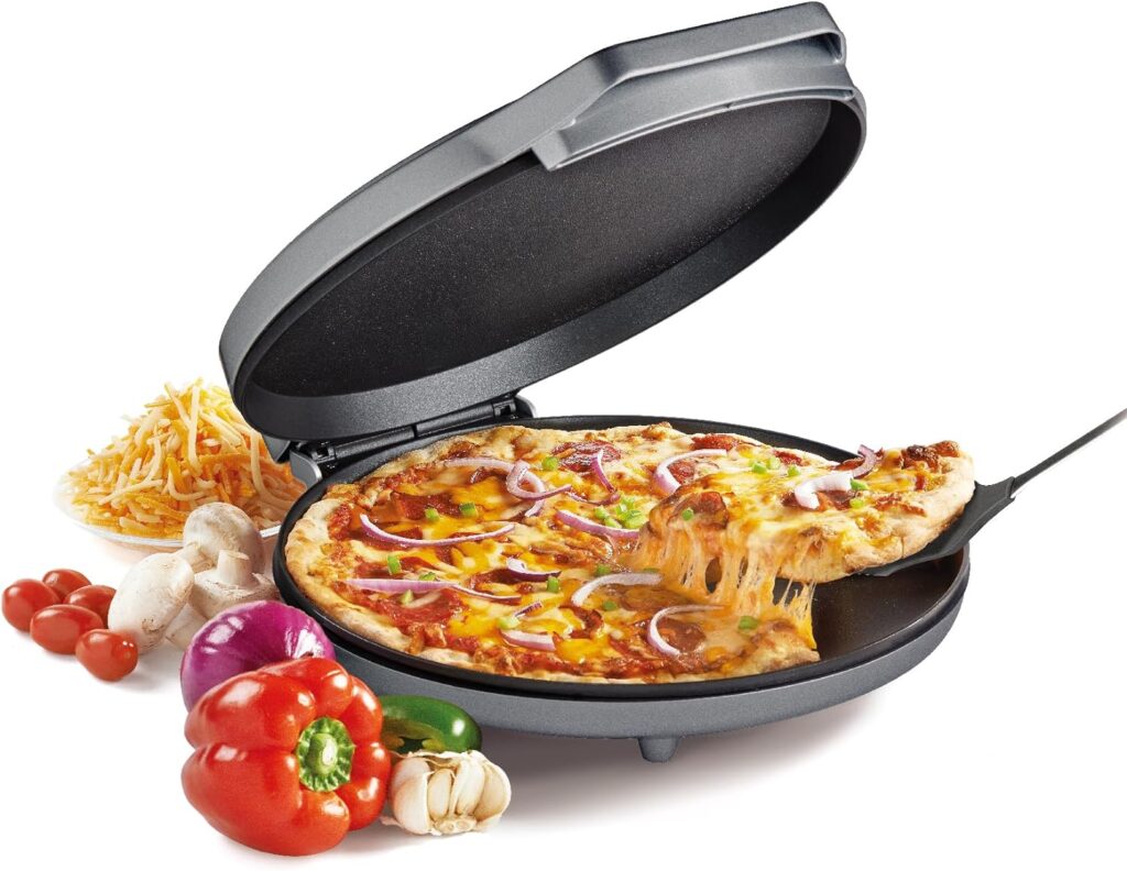 Betty Crocker Pizza Maker Plus, 12 Indoor Electric Grill, Nonstick Griddle Pan for Pizzas, Quesadillas, Tortillas, Nachos and more, 12 Electric Griddle for Delicious Meals and Snacks, White