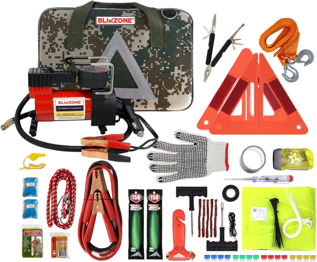 BLIKZONE - Camo Emergency Car Kit for Vehicles Road Trip Essential for Adults, Car Accessories for Women with Jumper Cables, Heavy Duty Digital Air Compressor, Multitool. Automotive Car Essentials.